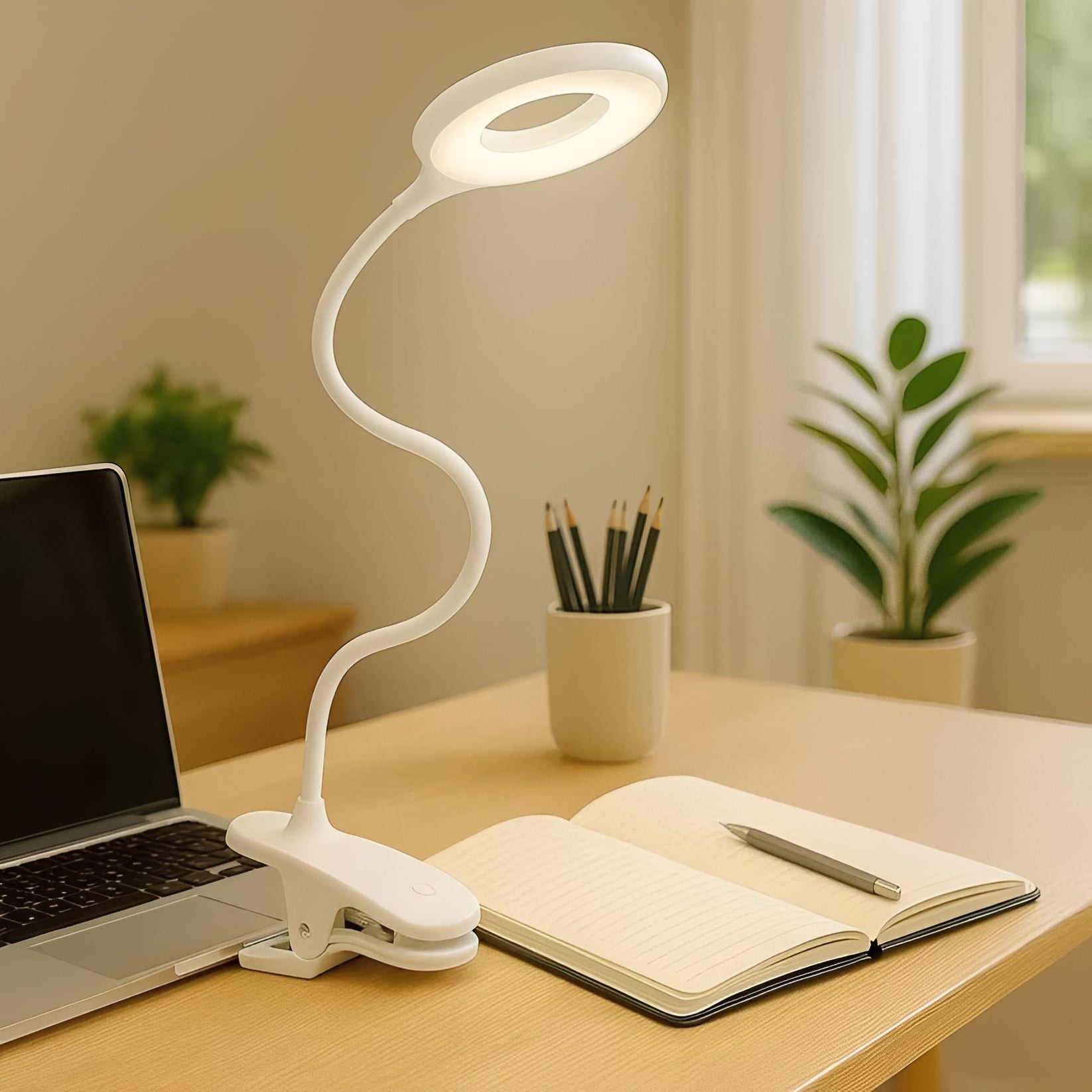 Versatile Clip-On LED Desk Lamp with Adjustable Brightness and USB Charging
