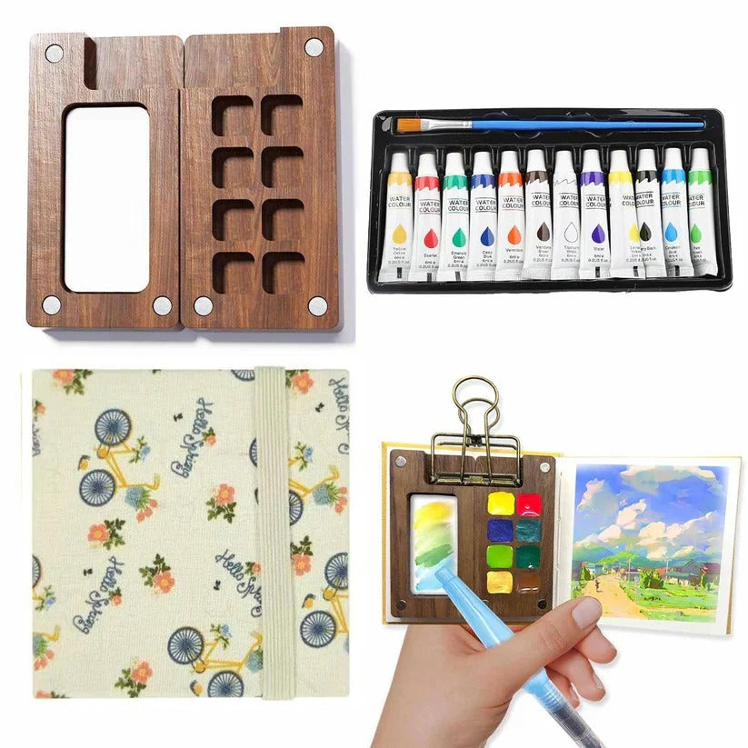 Compact Travel Watercolor Set with Easy-Access Palette and Brush