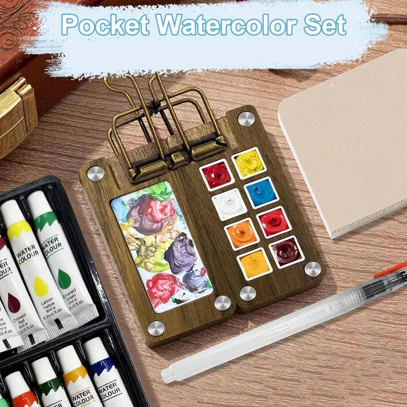 Compact Travel Watercolor Set with Easy-Access Palette and Brush