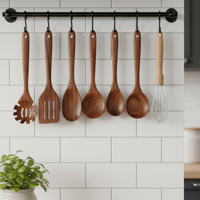 Elegant Teak Wood Cooking Utensil Collection for Modern Chefs