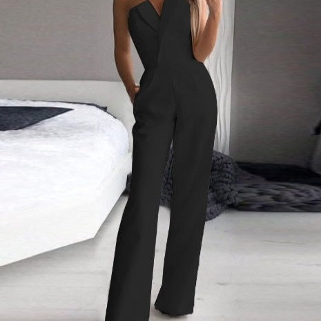 Women’s Sleeveless Wide-Leg Jumpsuit | Plunging Neckline | Polyester Fiber | Comfortable Fit