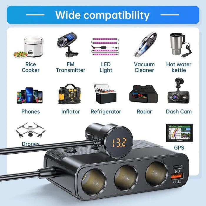 Multi-Function 7-Port Car Charger with Cigarette Lighter Socket