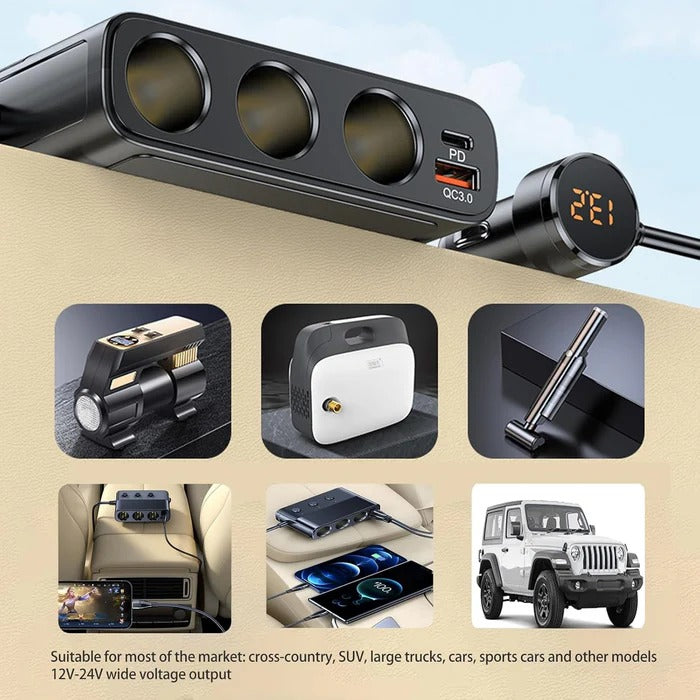 Multi-Function 7-Port Car Charger with Cigarette Lighter Socket