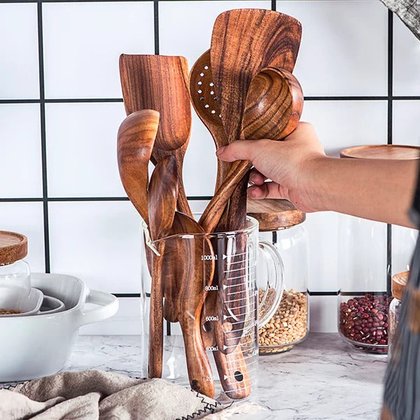 Premium Teak Wood Kitchen Utensil Set - 8 Essential Tools