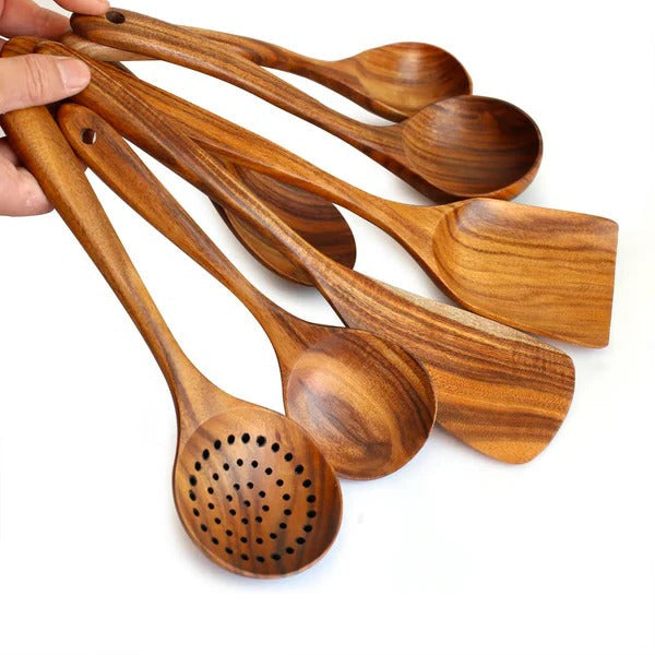 Premium Teak Wood Kitchen Utensil Set - 8 Essential Tools