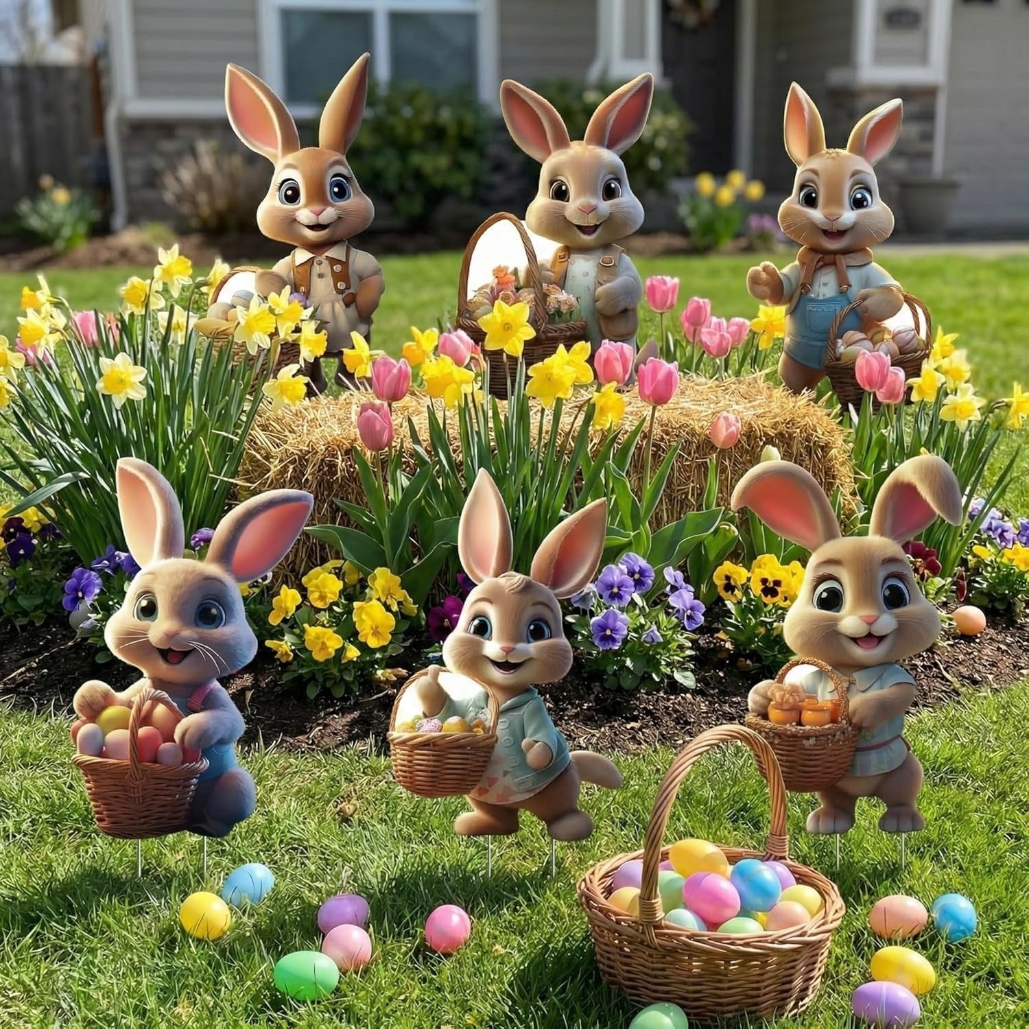 Festive Bunny Yard Decorations with Stakes, Set of 6