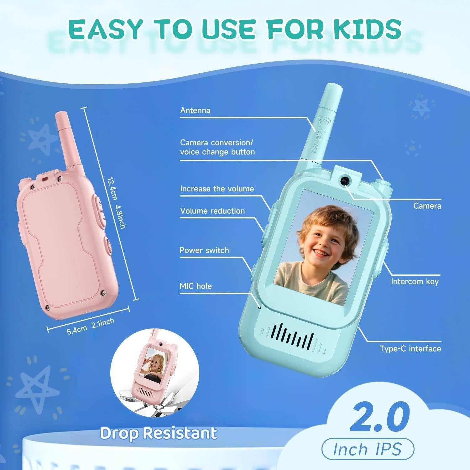 Set of 2 Kids' Video and Voice Walkie Talkies for Communication