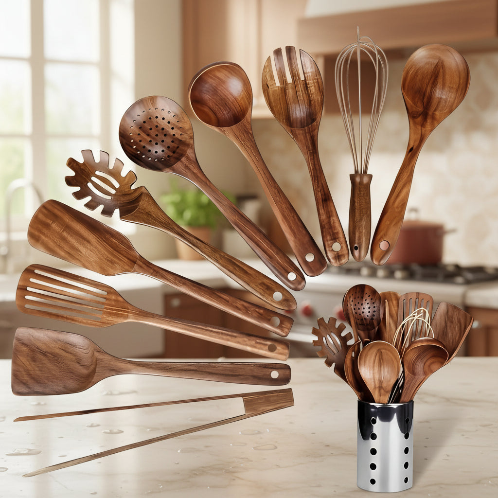 Essential Wooden Cooking Utensil Collection with Holder