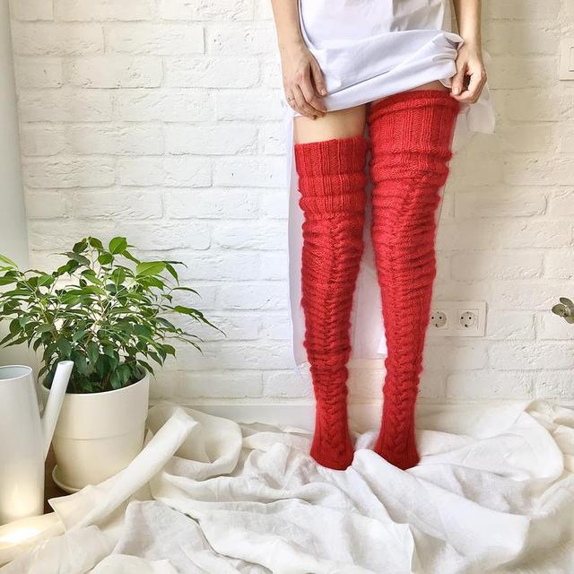 Thigh-High Socks | Cable-Knit Wool Blend | Elastic Top for Secure Fit | Indoor Warmth and Comfort