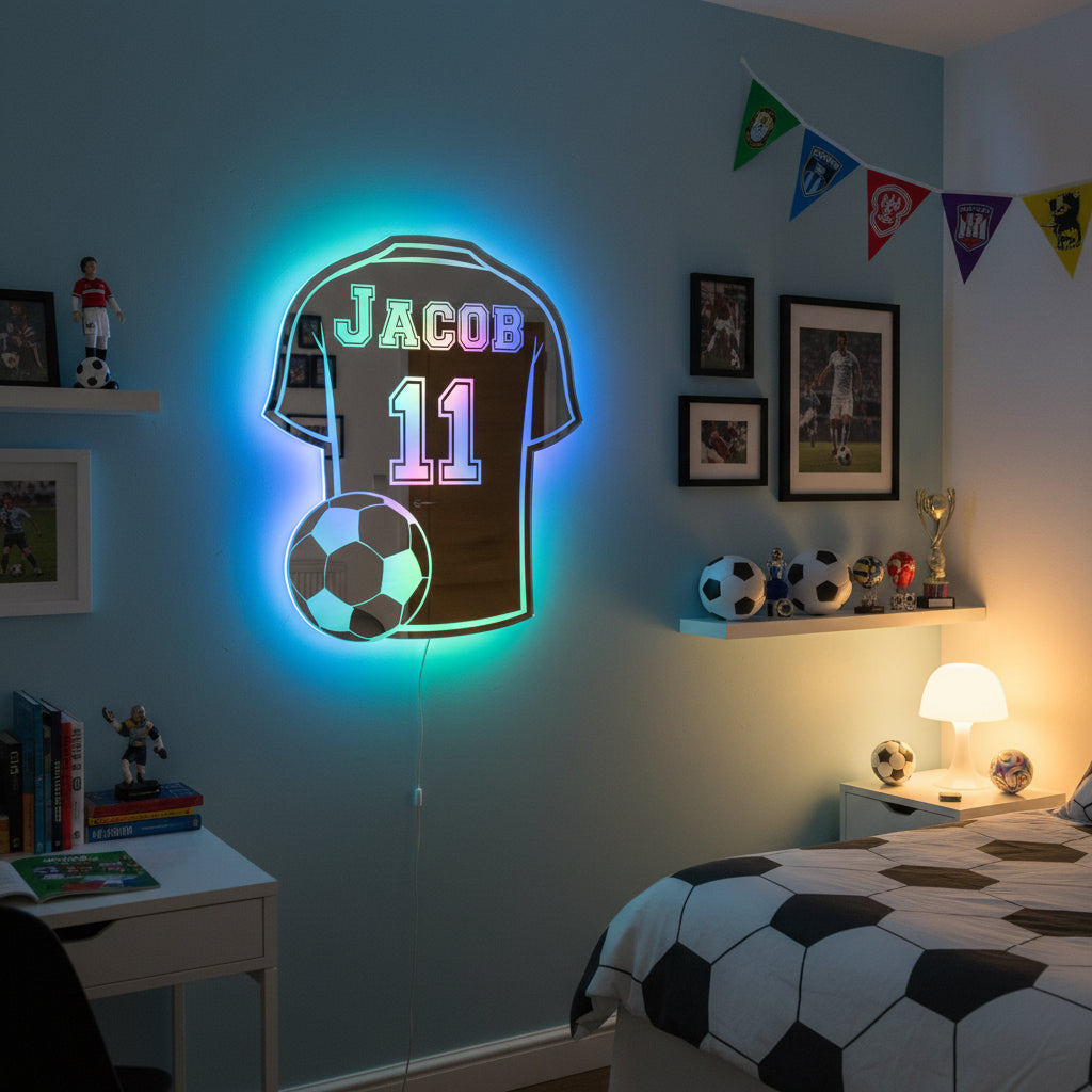 Customizable LED Mirror with Soccer Jersey Motif