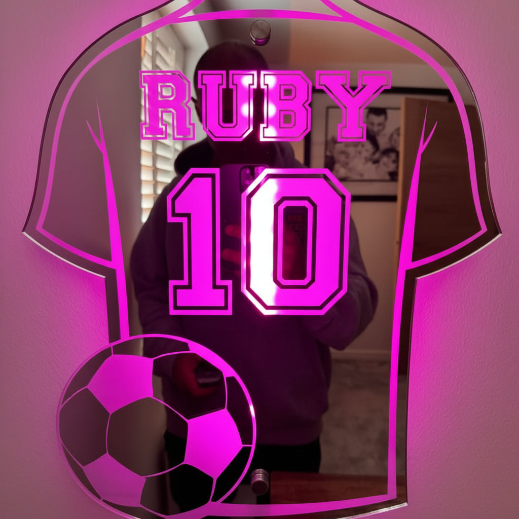 Customizable LED Mirror with Soccer Jersey Motif