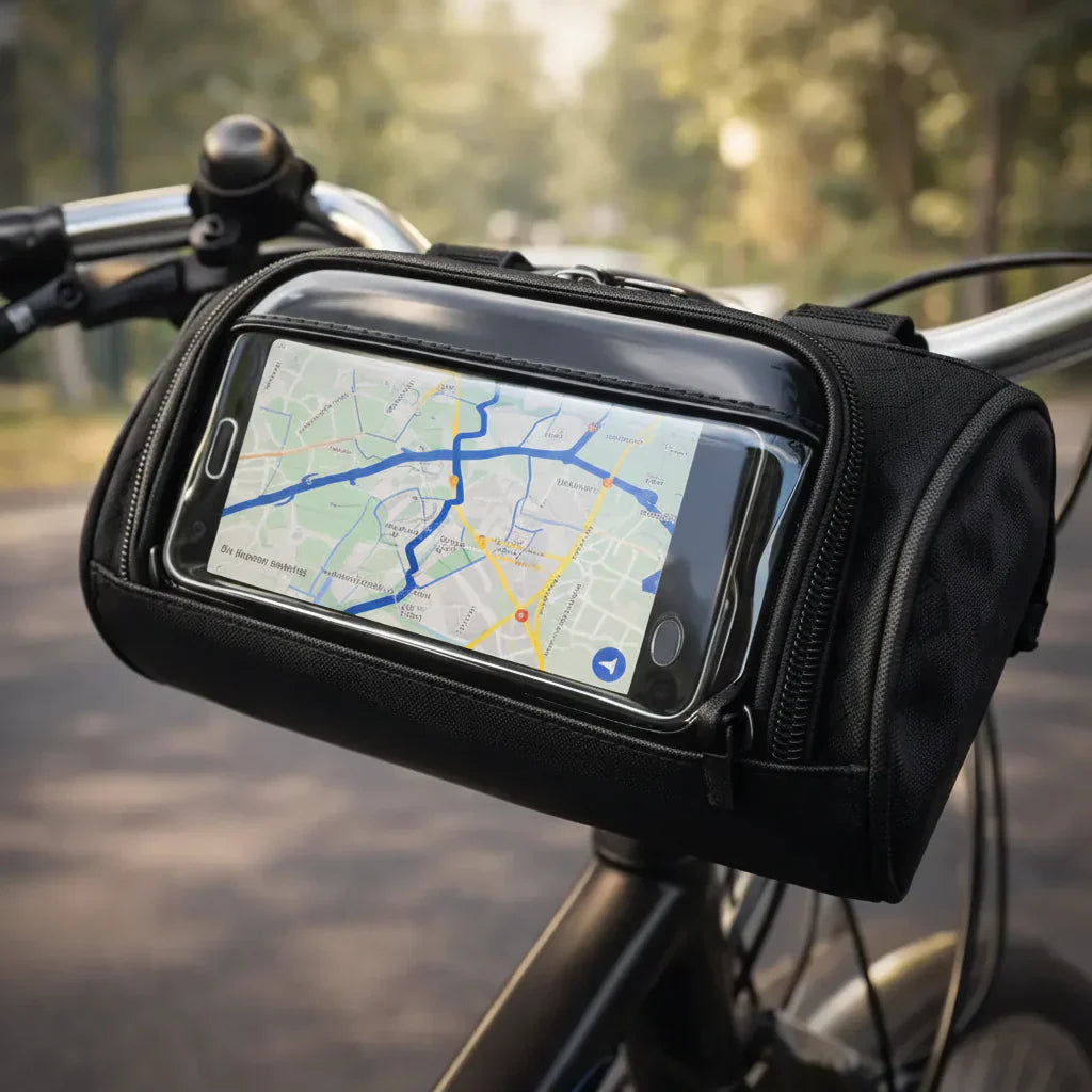 All-Weather Bike Handlebar Storage Bag with Touchscreen Access