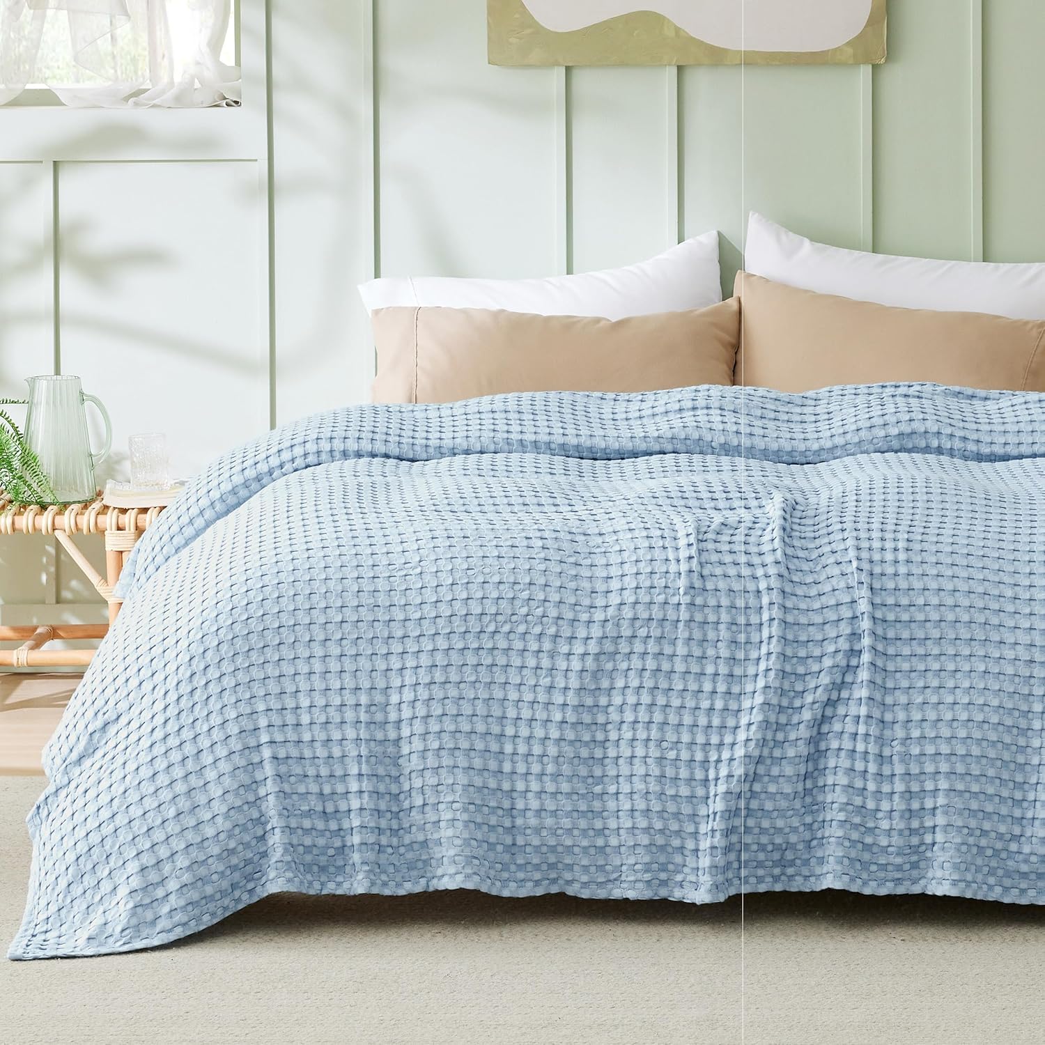 Lightweight Cotton and Bamboo Cooling Waffle Blanket - Queen Size Summer Throw