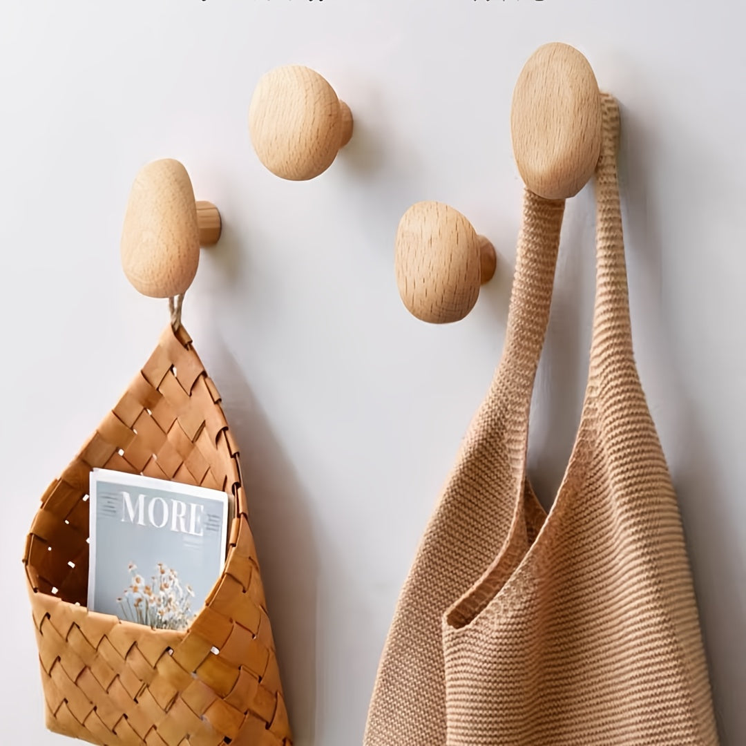 Elegant Natural Wooden Pebble Hooks - Set of 4