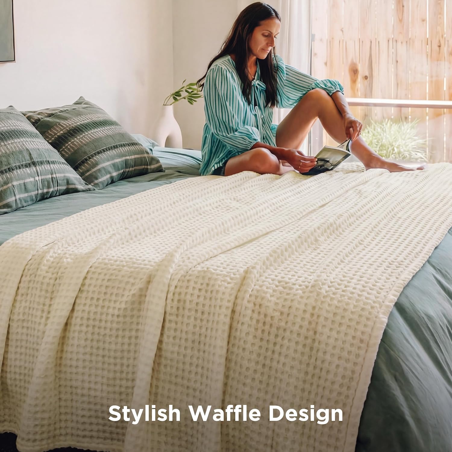 Lightweight Cotton and Bamboo Cooling Waffle Blanket - Queen Size Summer Throw