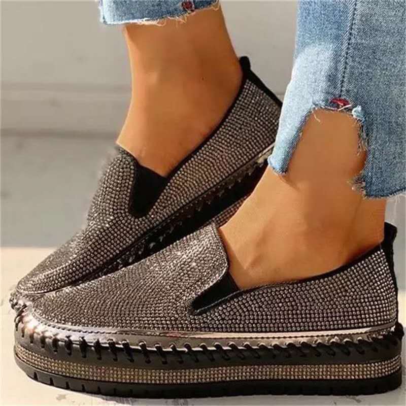 Women’s Platform Slip-On Loafers | Glitter Sparkling Flat Platform Sole | Padded Insole & Breathable | Comfortable Fit