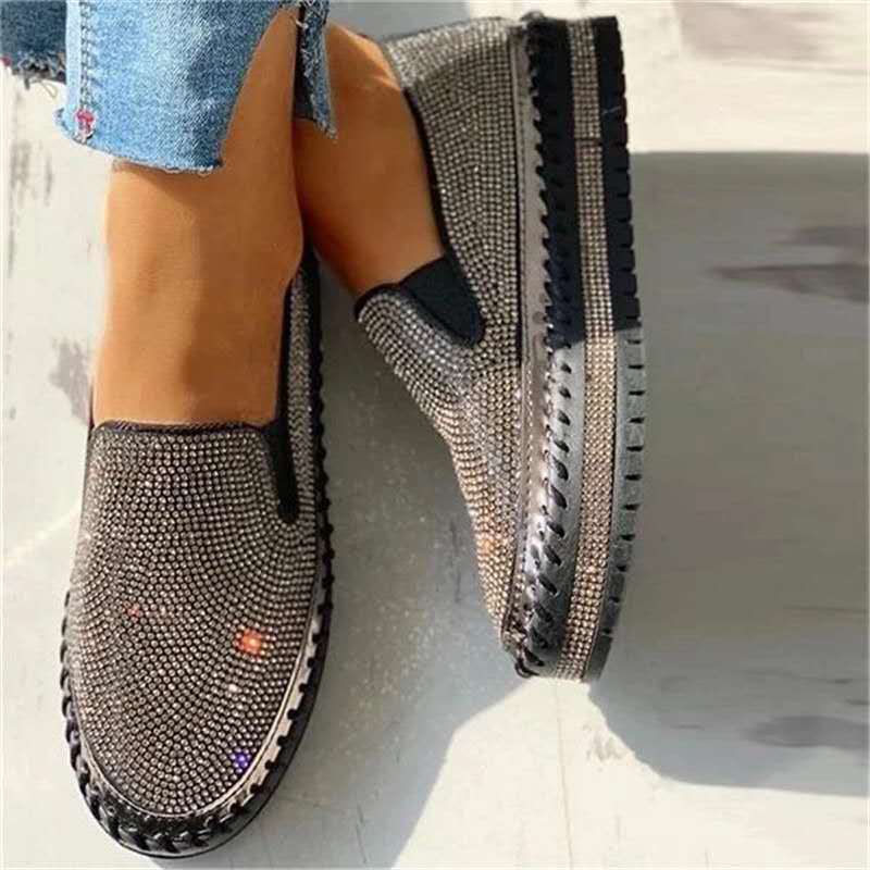 Women’s Platform Slip-On Loafers | Glitter Sparkling Flat Platform Sole | Padded Insole & Breathable | Comfortable Fit