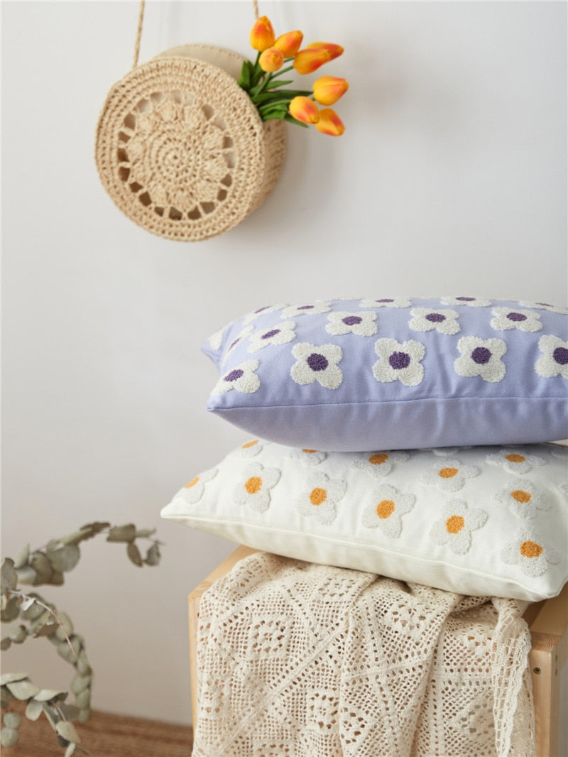 Taavita Lumbar Pillow Cover with Embroidered Floral Design