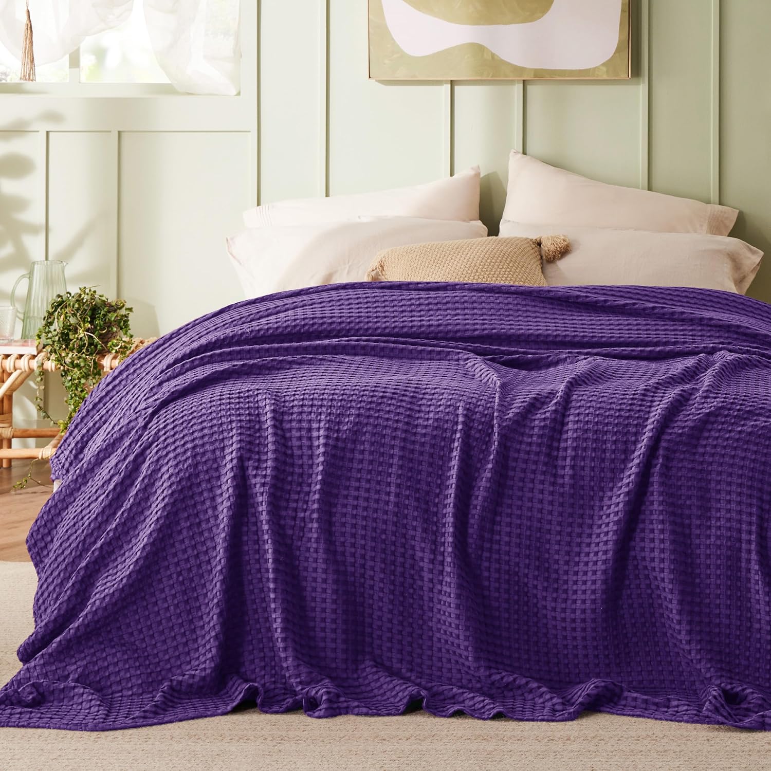 Lightweight Cotton and Bamboo Cooling Waffle Blanket - Queen Size Summer Throw