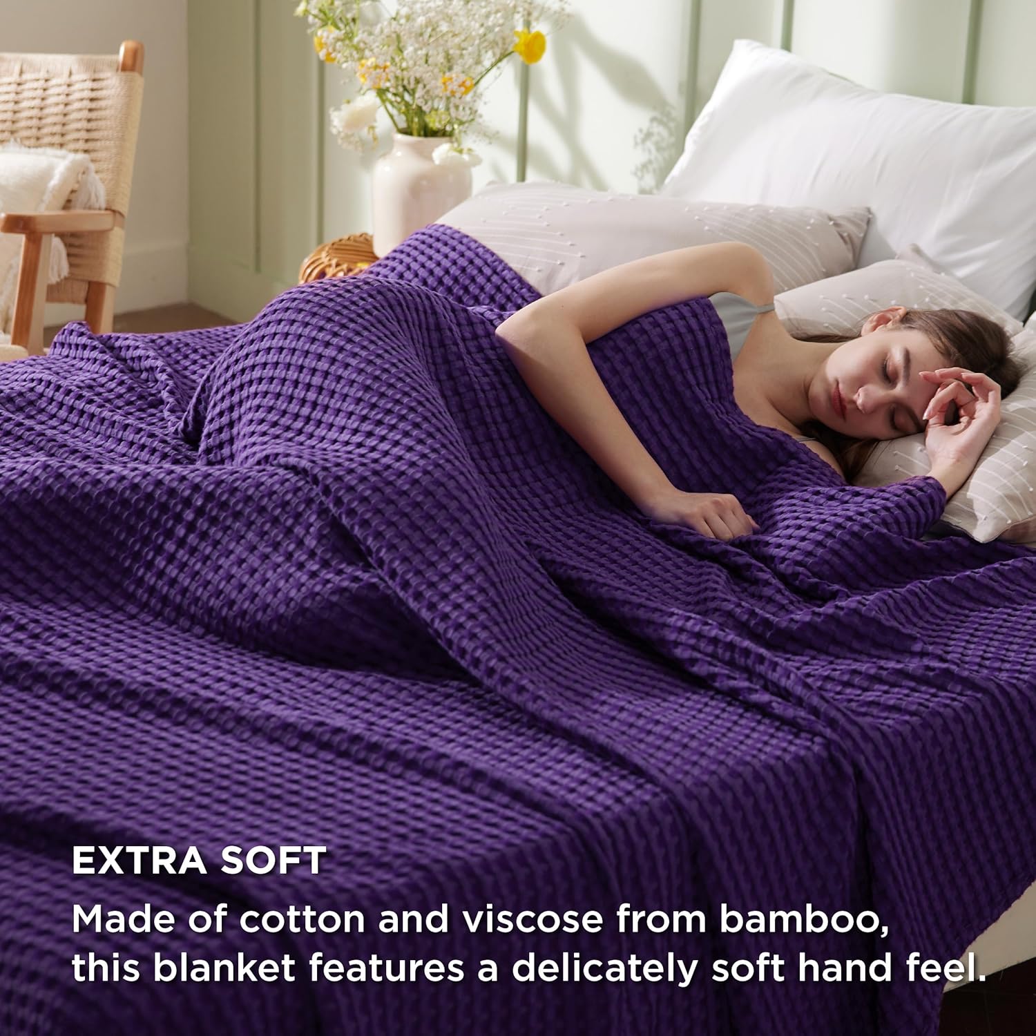 Lightweight Cotton and Bamboo Cooling Waffle Blanket - Queen Size Summer Throw