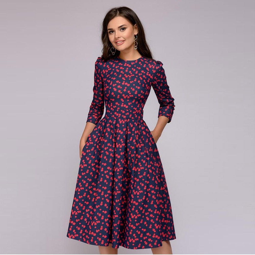 Women's Midi Dress | Retro-Inspired Puffy 3/4 Sleeves | Figure-Hugging Slim Waist | Versatile Occasion Wear