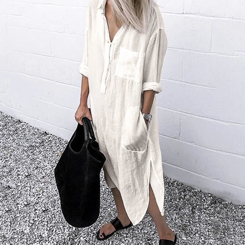 Women’s Shirt Dress | Oversized Fit with Side Pockets | Rolled Sleeves & V-Neck | Versatile Casual Wear