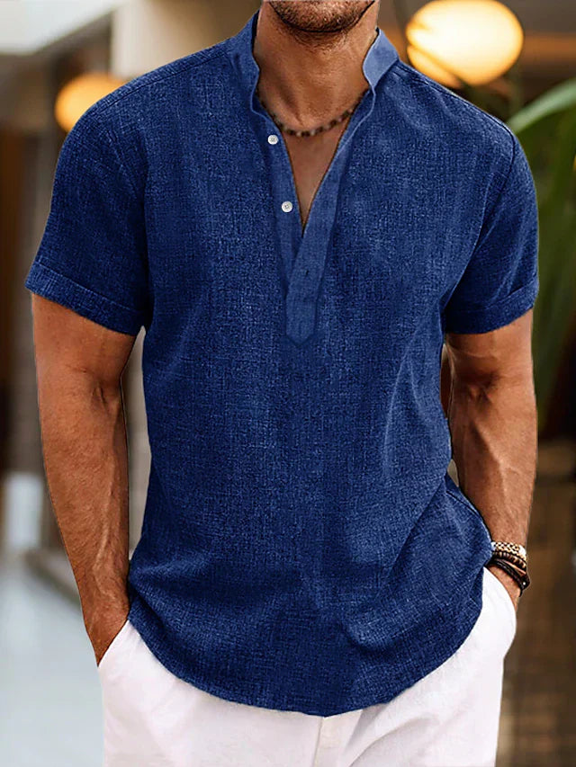 Men's Linen Shirt | Short-Sleeve Mandarin Collar | Breathable Linen Fabric | Comfortable Fit
