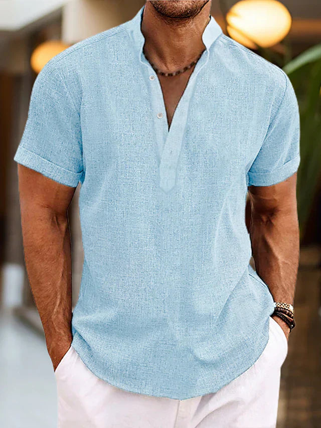 Men's Linen Shirt | Short-Sleeve Mandarin Collar | Breathable Linen Fabric | Comfortable Fit
