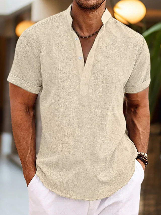 Men's Linen Shirt | Short-Sleeve Mandarin Collar | Breathable Linen Fabric | Comfortable Fit