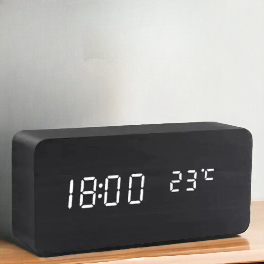 Voice-Activated Wooden LED Alarm Clock for Stylish Mornings