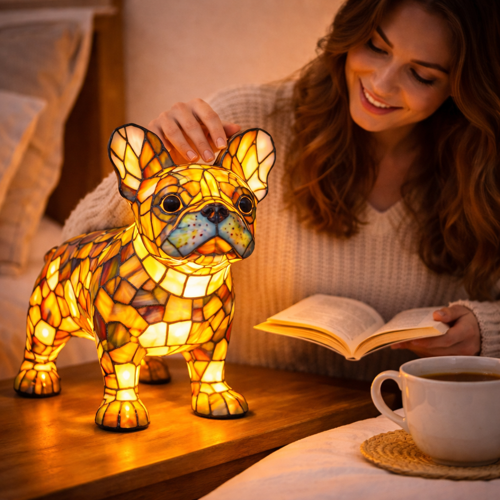 Charming Canine Stained Glass Lamp with LED Nightlight