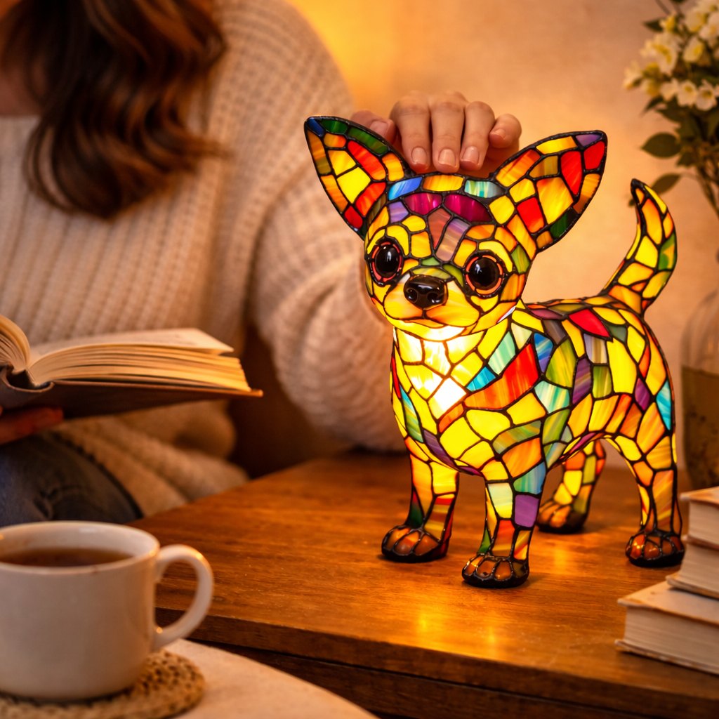 Charming Canine Stained Glass Lamp with LED Nightlight