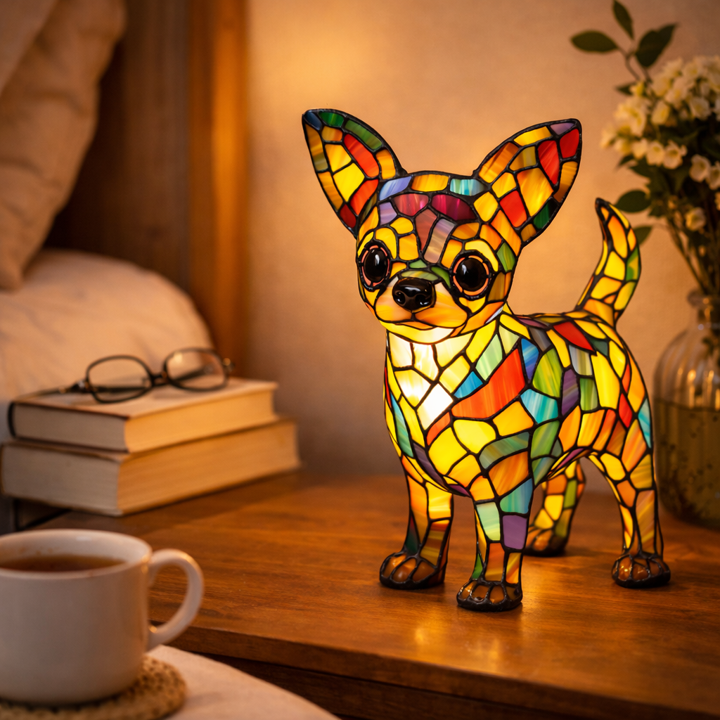 Charming Canine Stained Glass Lamp with LED Nightlight