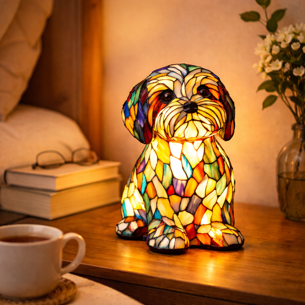Charming Canine Stained Glass Lamp with LED Nightlight