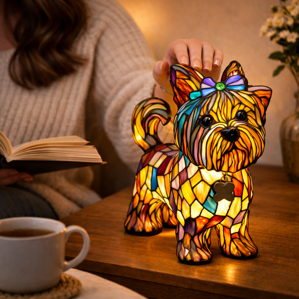 Charming Canine Stained Glass Lamp with LED Nightlight