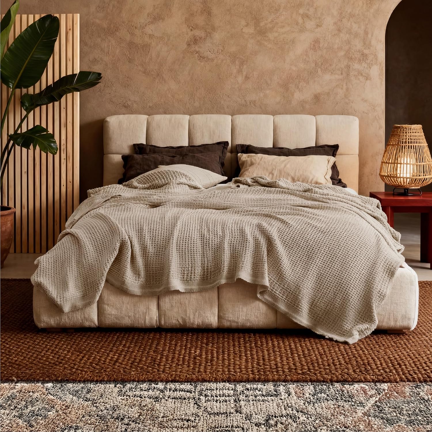 Queen Blanket Made of 100% Cotton with Cooling Waffle Weave for Summer