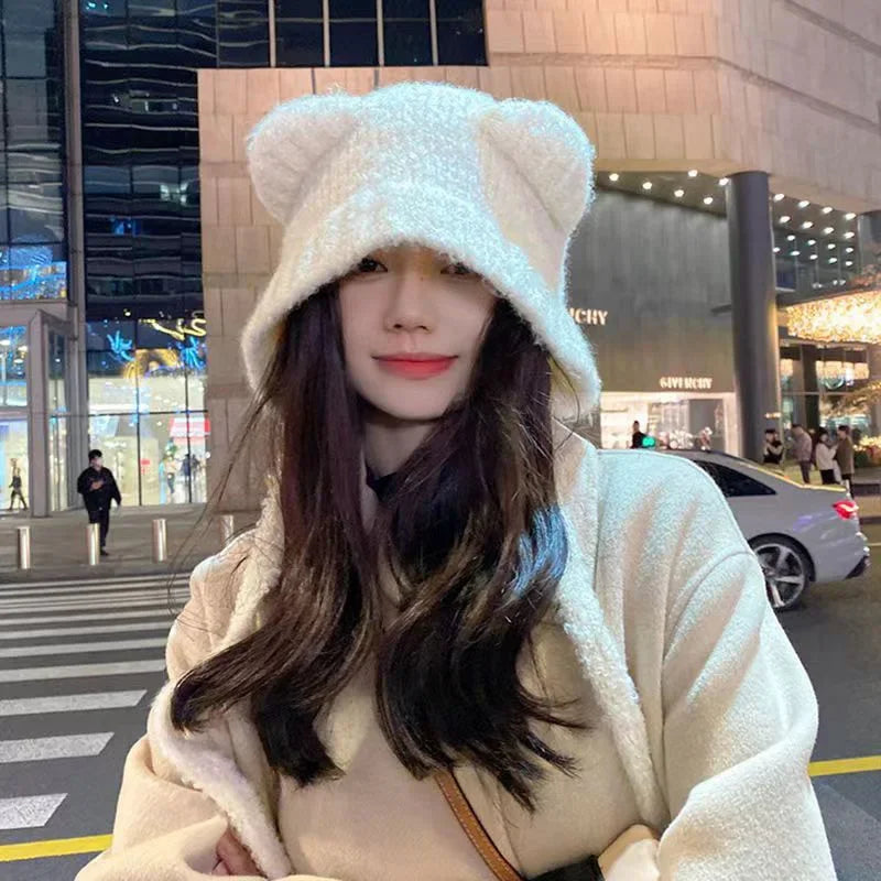 Charming Plush Bear Ear Winter Cap for Women