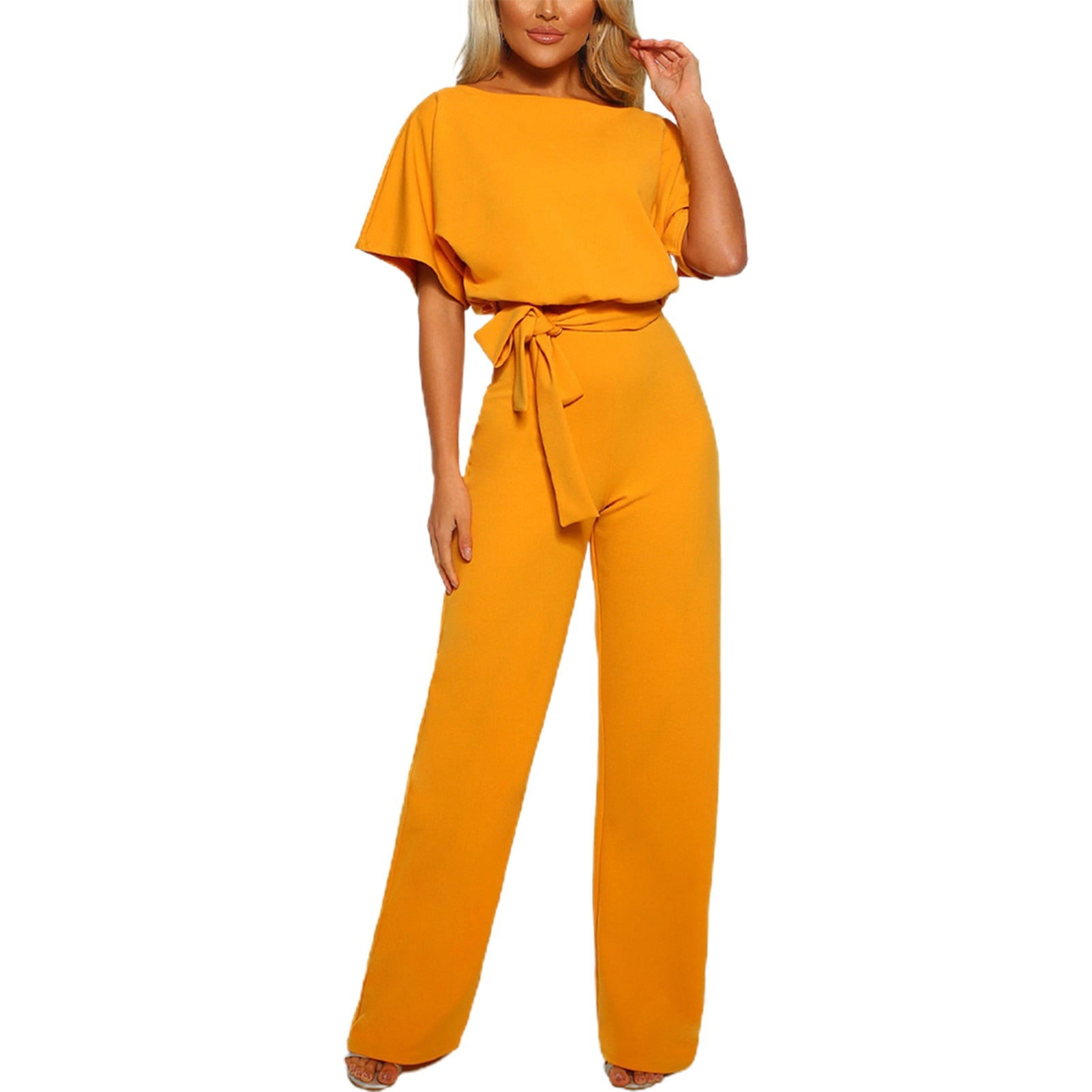 Women's Wide-Leg Jumpsuit | Short Flutter Sleeves & Waist Tie | Polyester | Summer Wear