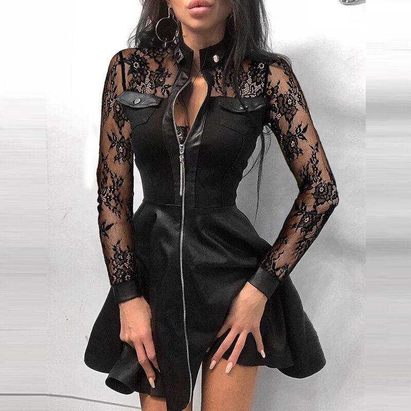 Women’s Mini Dress | Front-Zipper Faux Leather | Chest Pockets & Stand-Up Collar | Comfortable Fit