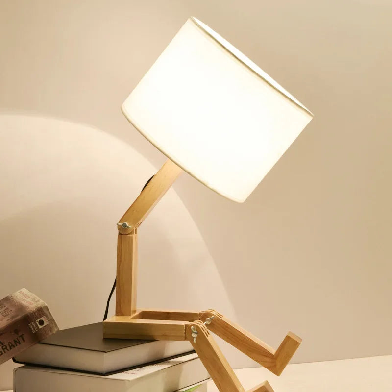 Playful Wooden Robot Lamp with Adjustable Features