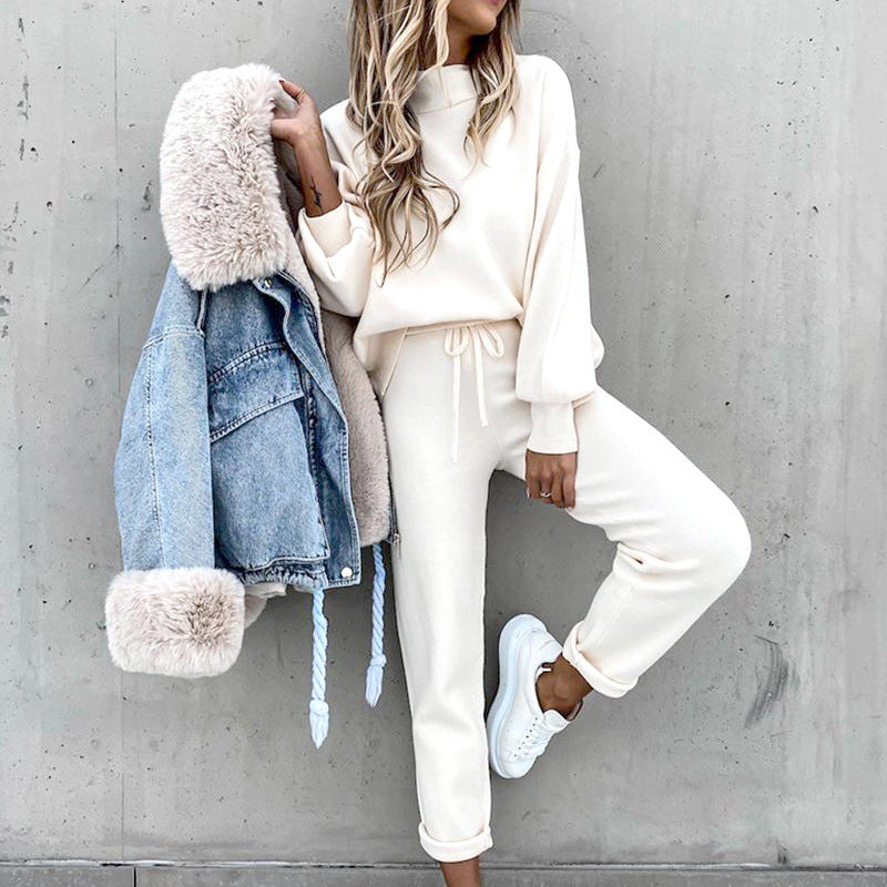 Women’s Two-Piece Loungewear Set | Soft Luxurious Fabric & Balloon Sleeves | High-Waist Jogger Pants with Pockets | Comfortable Warm Fit