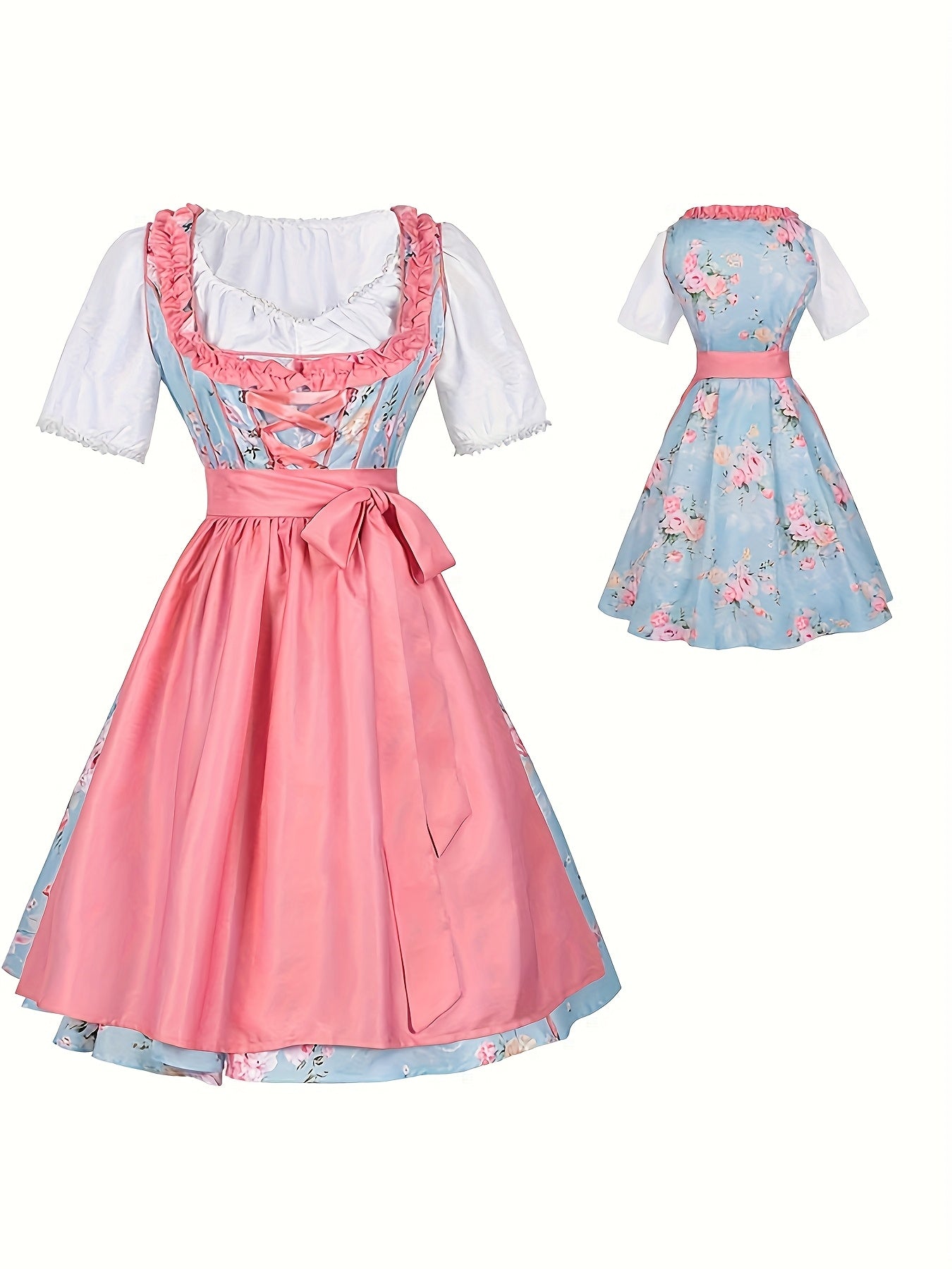 Women's Oktoberfest Dirndl Dress Floral Print with Satin Apron