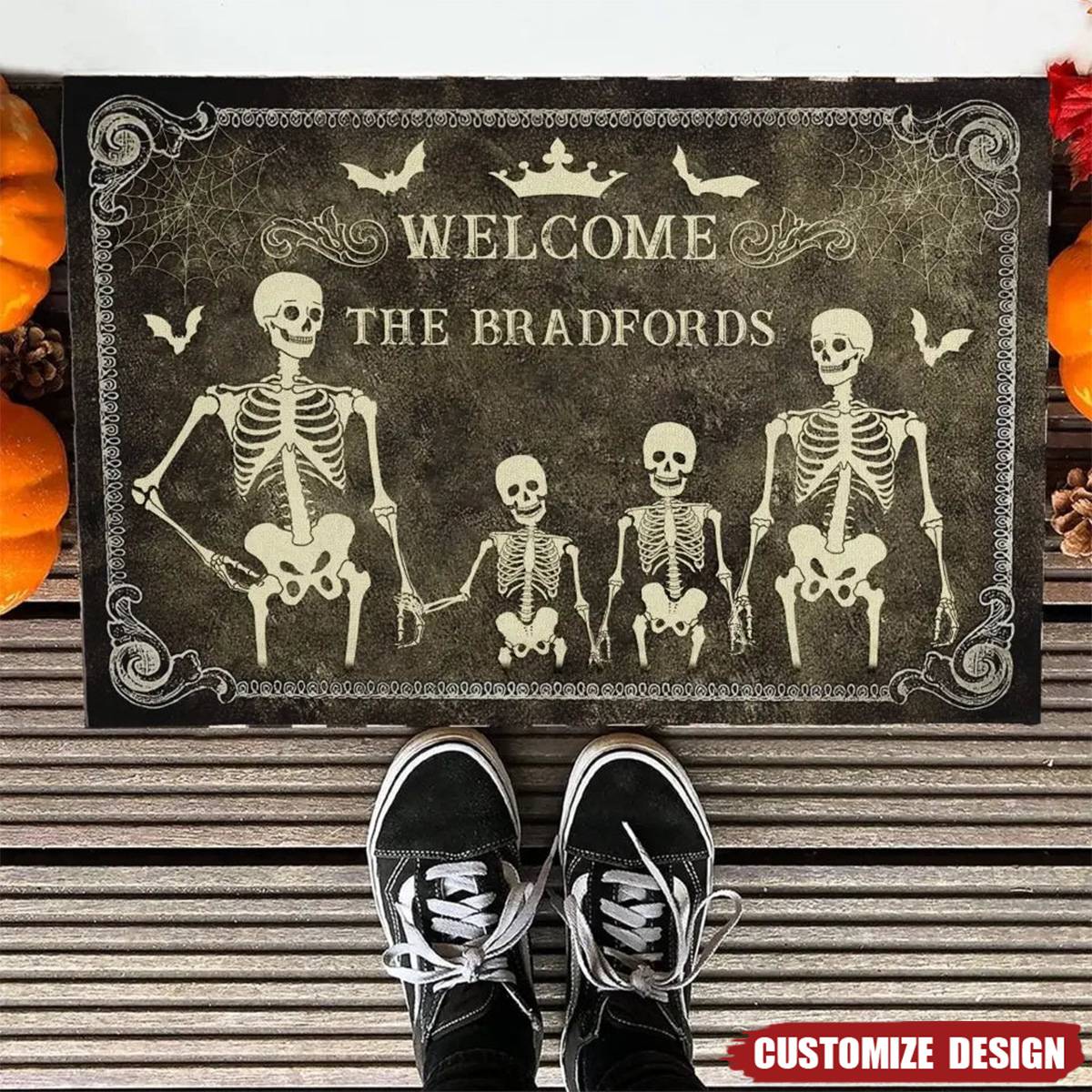 Halloween Skeleton Family Doormat with Plush Velour and Non-Slip Backing