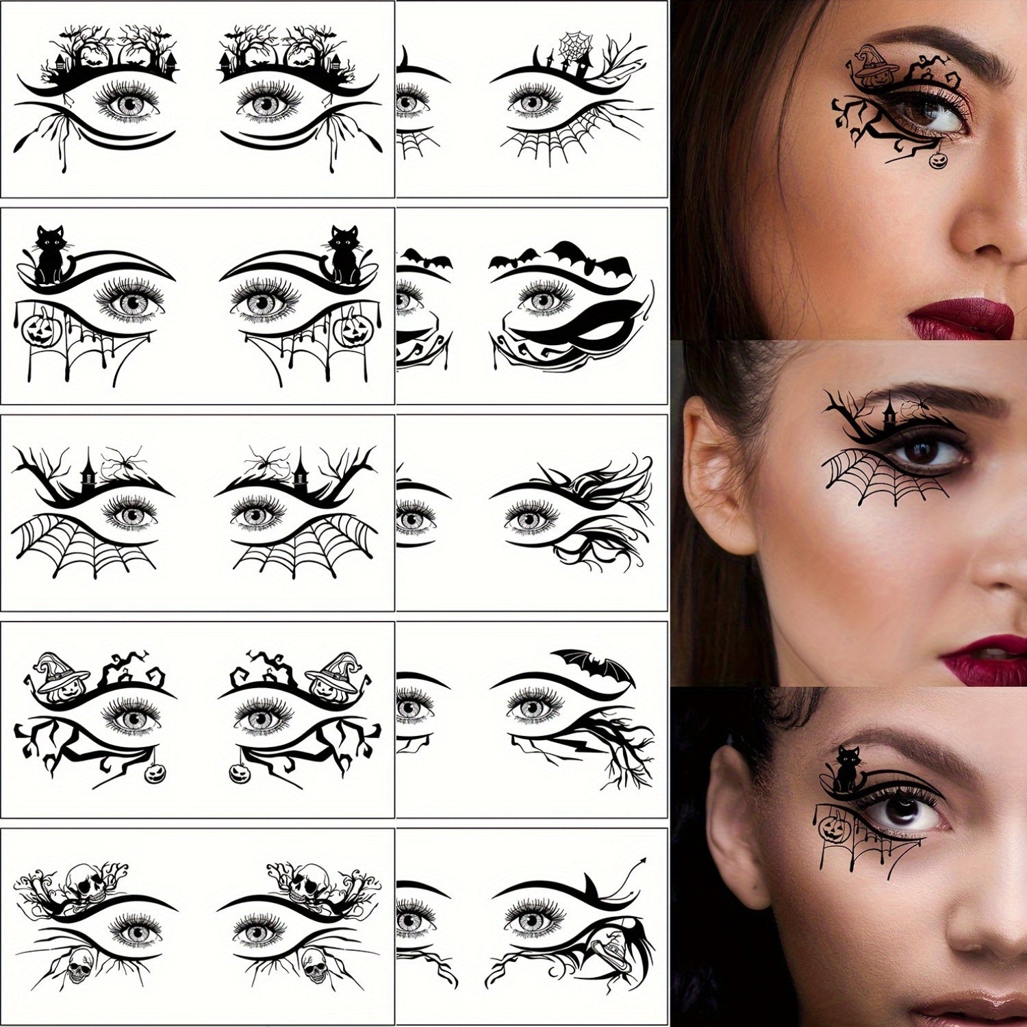 Halloween Temporary Eye Tattoo Stickers with Spooky Skull and Pumpkin Designs