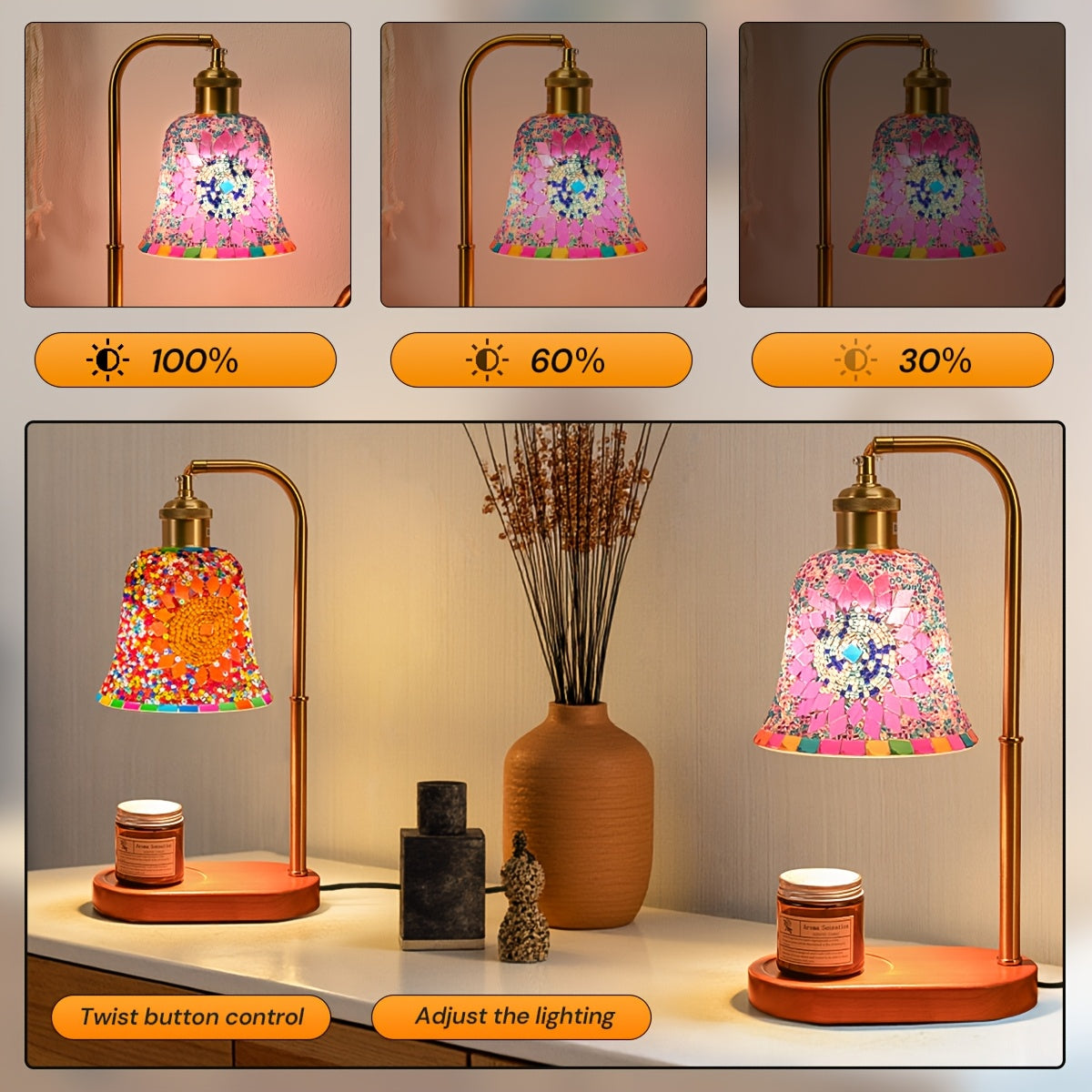 Artisan Mosaic Candlelight Lamp – Adjustable Glass Table Light
