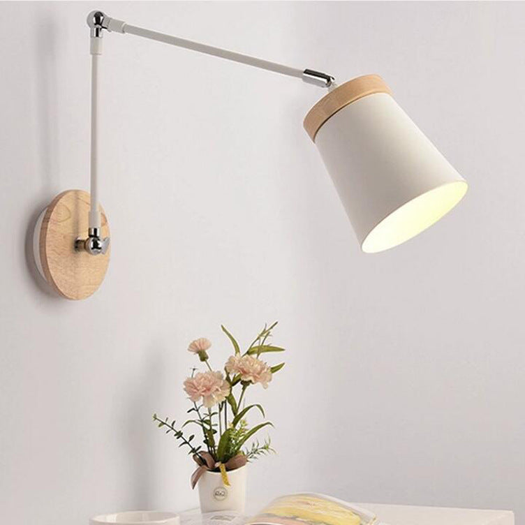 Contemporary Taavita Solid Wood Iron Cylinder Shade 1-Light Wall Lamp for Bedroom – White/Black