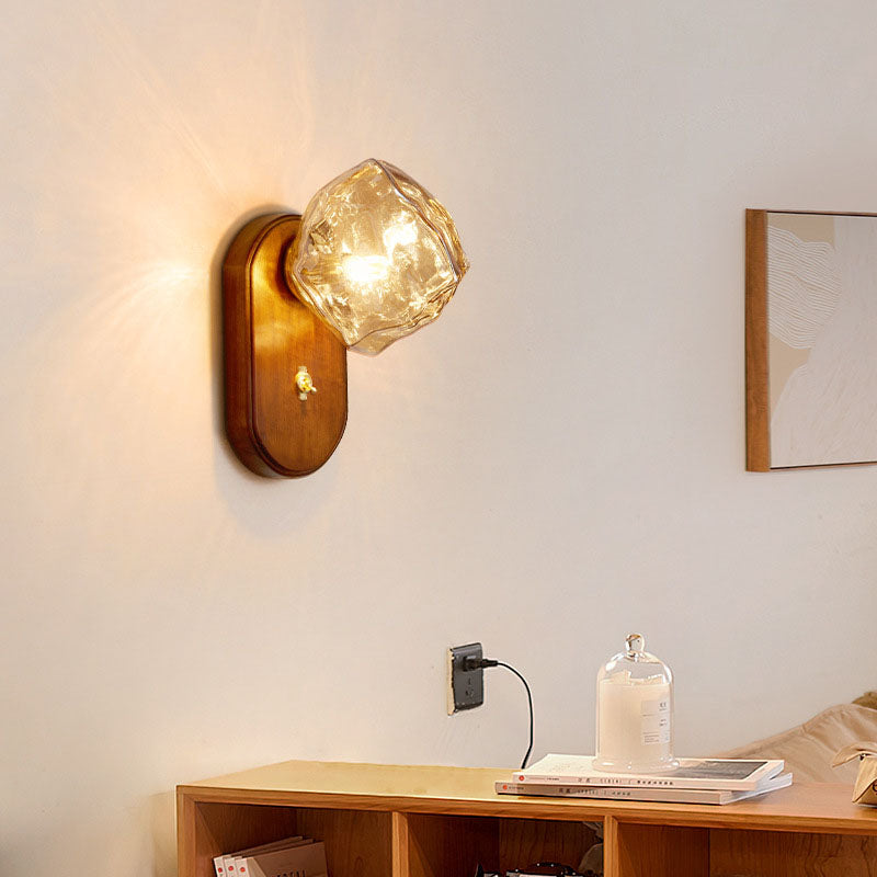 Taavita traditional Japanese oval wall lamp made of solid wood with glass for the bedroom – 1-bulb ice cube shape
