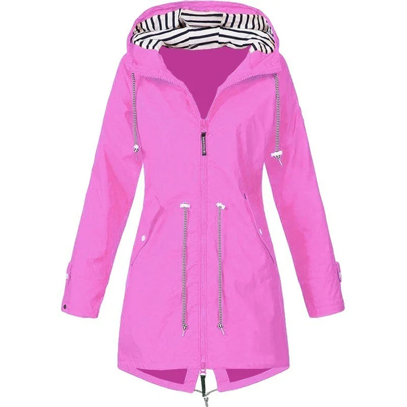 Women’s Waterproof Hooded Trench Coat | Adjustable Waist Drawstring | Zipper & Exterior Pockets | Windproof Protection
