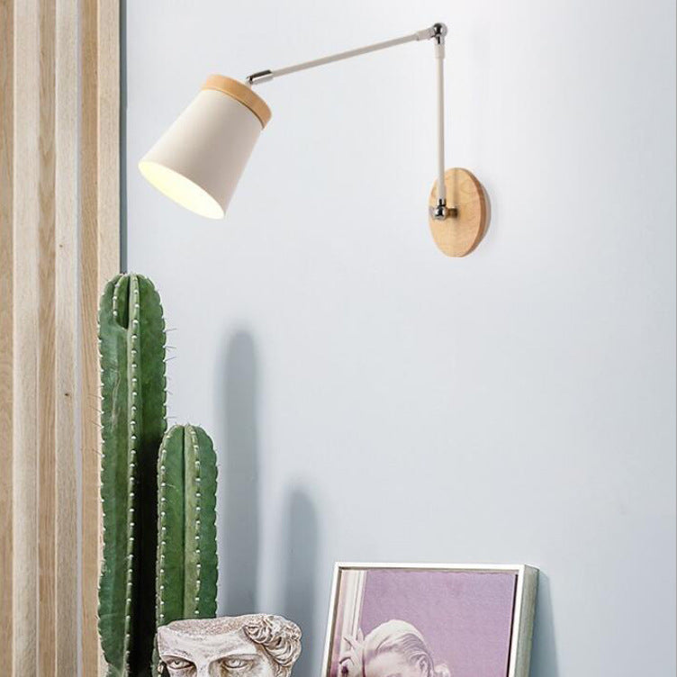 Contemporary Taavita Solid Wood Iron Cylinder Shade 1-Light Wall Lamp for Bedroom – White/Black