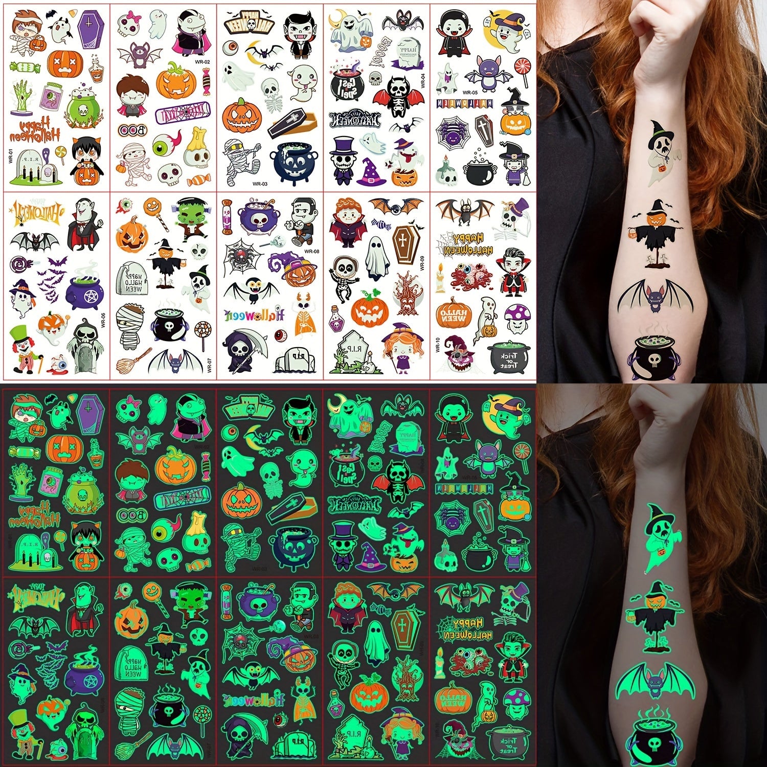 Glow-in-the-Dark Halloween Temporary Tattoos Waterproof Spooky Designs